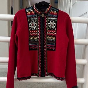 Icelandic Design Elegant Red Wool Embroidered Zip Front Cardigan